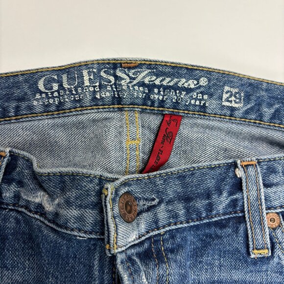 Guess Foxy Flare Distressed Raw Hem Women's size 29 Dark Wash Blue Denim jeans - Picture 2 of 4